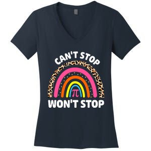 Can't Stop Pi Won't Stop Math Pi Day Teacher Leopard Rainbow Women's V-Neck T-Shirt