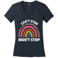 Can't Stop Pi Won't Stop Math Pi Day Teacher Leopard Rainbow Women's V-Neck T-Shirt