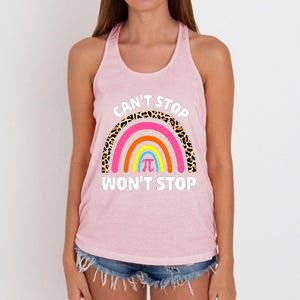 Can't Stop Pi Won't Stop Math Pi Day Teacher Leopard Rainbow Women's Knotted Racerback Tank