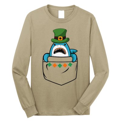 Cute Saint Patrick's Day Shark With Green Hat In Pocket Long Sleeve Shirt