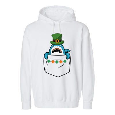 Cute Saint Patrick's Day Shark With Green Hat In Pocket Garment-Dyed Fleece Hoodie