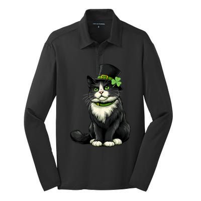 Cat St Patricks Day Shamrock Irish Silk Touch Performance Long Sleeve Polo