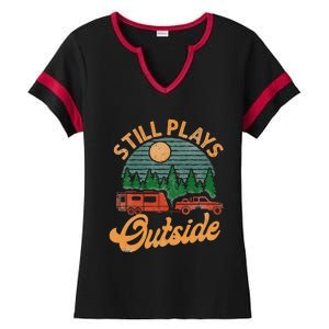 Camping Still Plays Outside Caravan Rv Trailer Ladies Halftime Notch Neck Tee