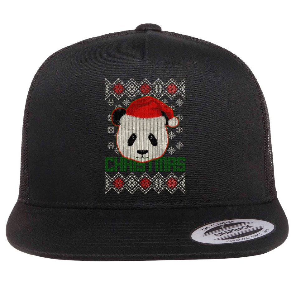 Cute Santa Panda Ugly Christmas Sweater Flat Bill Trucker Hat