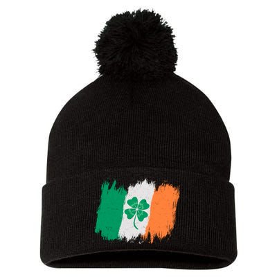 Cool St Patrick's Day Painted Distressed Irish Shamrock Flag Pom Pom 12in Knit Beanie