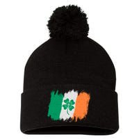 Cool St Patrick's Day Painted Distressed Irish Shamrock Flag Pom Pom 12in Knit Beanie