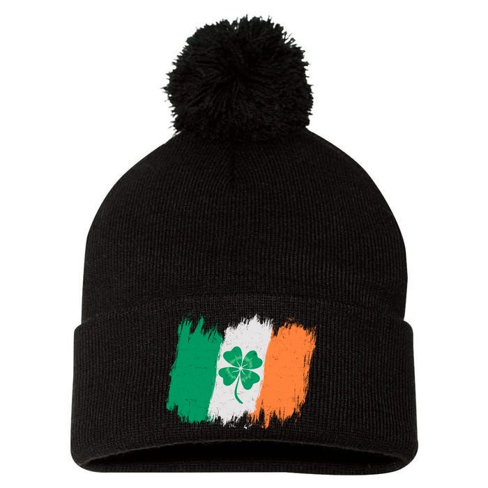 Cool St Patrick's Day Painted Distressed Irish Shamrock Flag Pom Pom 12in Knit Beanie