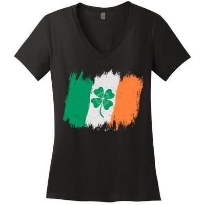 Cool St Patrick's Day Painted Distressed Irish Shamrock Flag Women's V-Neck T-Shirt