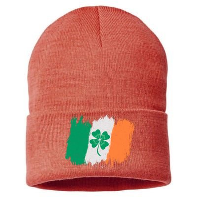 Cool St Patrick's Day Painted Distressed Irish Shamrock Flag Sustainable Knit Beanie