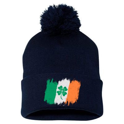 Cool St Patrick's Day Painted Distressed Irish Shamrock Flag Pom Pom 12in Knit Beanie