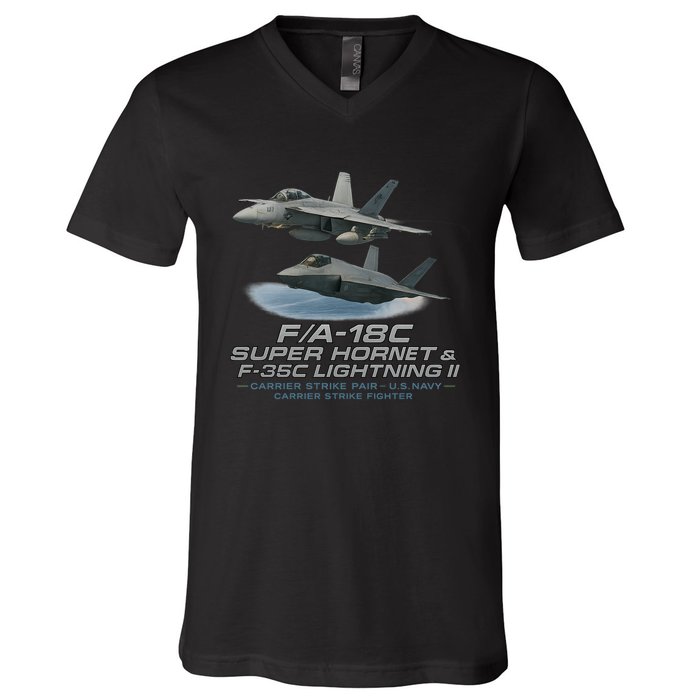 Carrier Strike Pair – F/A-18F & F-35C V-Neck T-Shirt