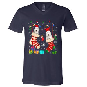 Christmas Socks Pajama Samoyed Dog Puppy Lover V-Neck T-Shirt