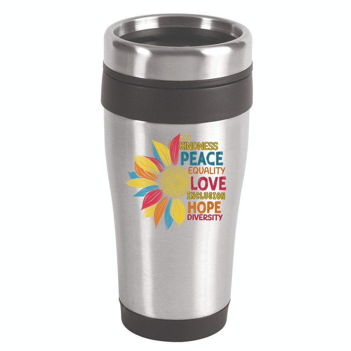 Colorful Sunflower Peace Love Inclusion Equality Diversity Gift 16oz Travel Tumbler