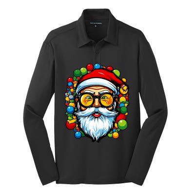 Cool Santa Pop Art Portrait Colorful Christmas Head Gift Silk Touch Performance Long Sleeve Polo