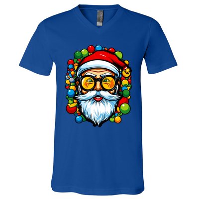 Cool Santa Pop Art Portrait Colorful Christmas Head Gift V-Neck T-Shirt