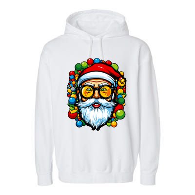 Cool Santa Pop Art Portrait Colorful Christmas Head Gift Garment-Dyed Fleece Hoodie