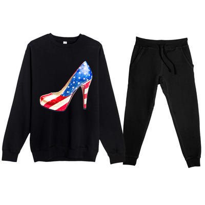 Cute Sparkly Patriotic American Usa Flag Heels Shoes Premium Crewneck Sweatsuit Set