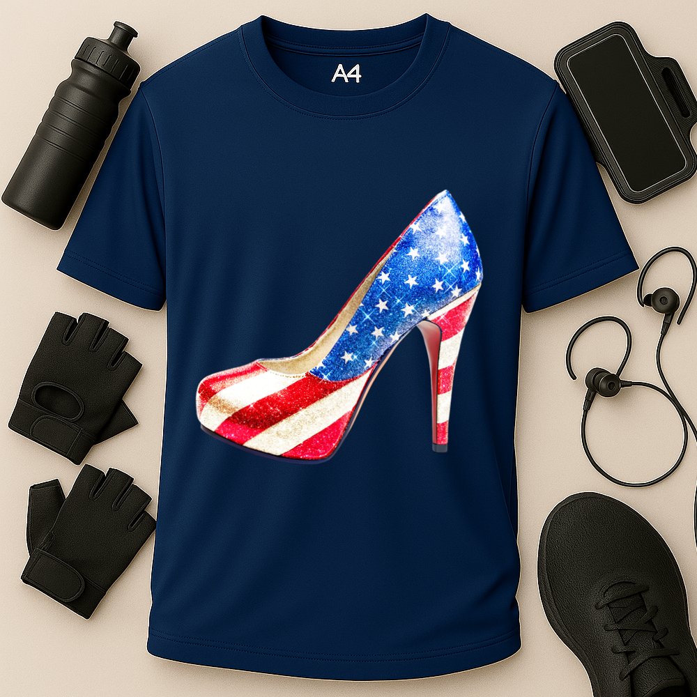 Cute Sparkly Patriotic American Usa Flag Heels Shoes Cooling Performance Crew T-Shirt