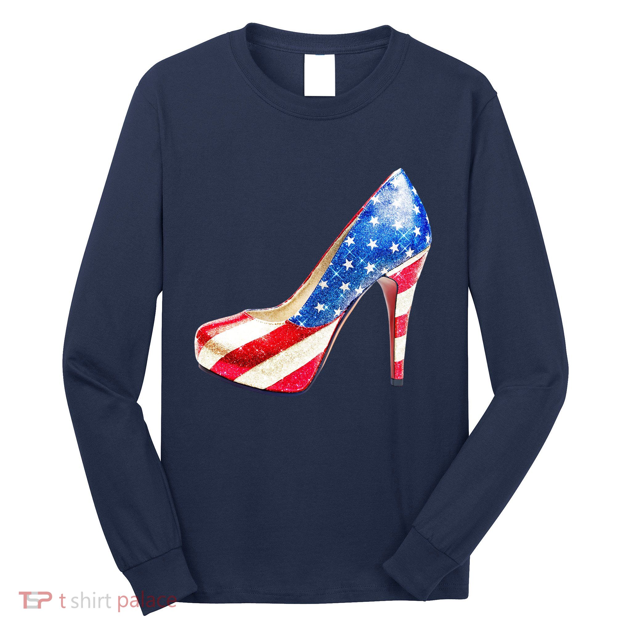 Cute Sparkly Patriotic American Usa Flag Heels Shoes Long Sleeve Shirt