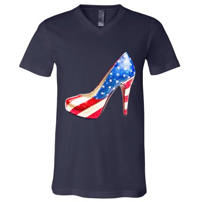 Cute Sparkly Patriotic American Usa Flag Heels Shoes V-Neck T-Shirt
