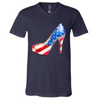 Cute Sparkly Patriotic American Usa Flag Heels Shoes V-Neck T-Shirt