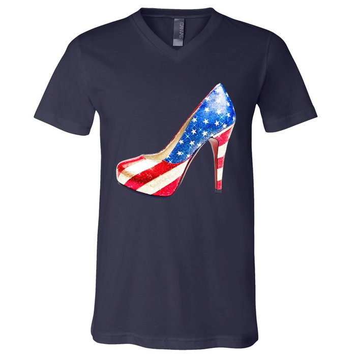 Cute Sparkly Patriotic American Usa Flag Heels Shoes V-Neck T-Shirt