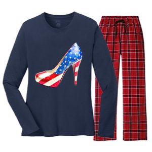 Cute Sparkly Patriotic American Usa Flag Heels Shoes Women's Long Sleeve Flannel Pajama Set 