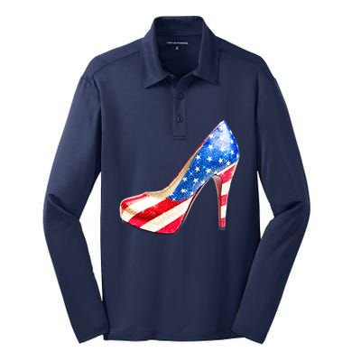 Cute Sparkly Patriotic American Usa Flag Heels Shoes Silk Touch Performance Long Sleeve Polo