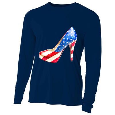 Cute Sparkly Patriotic American Usa Flag Heels Shoes Cooling Performance Long Sleeve Crew