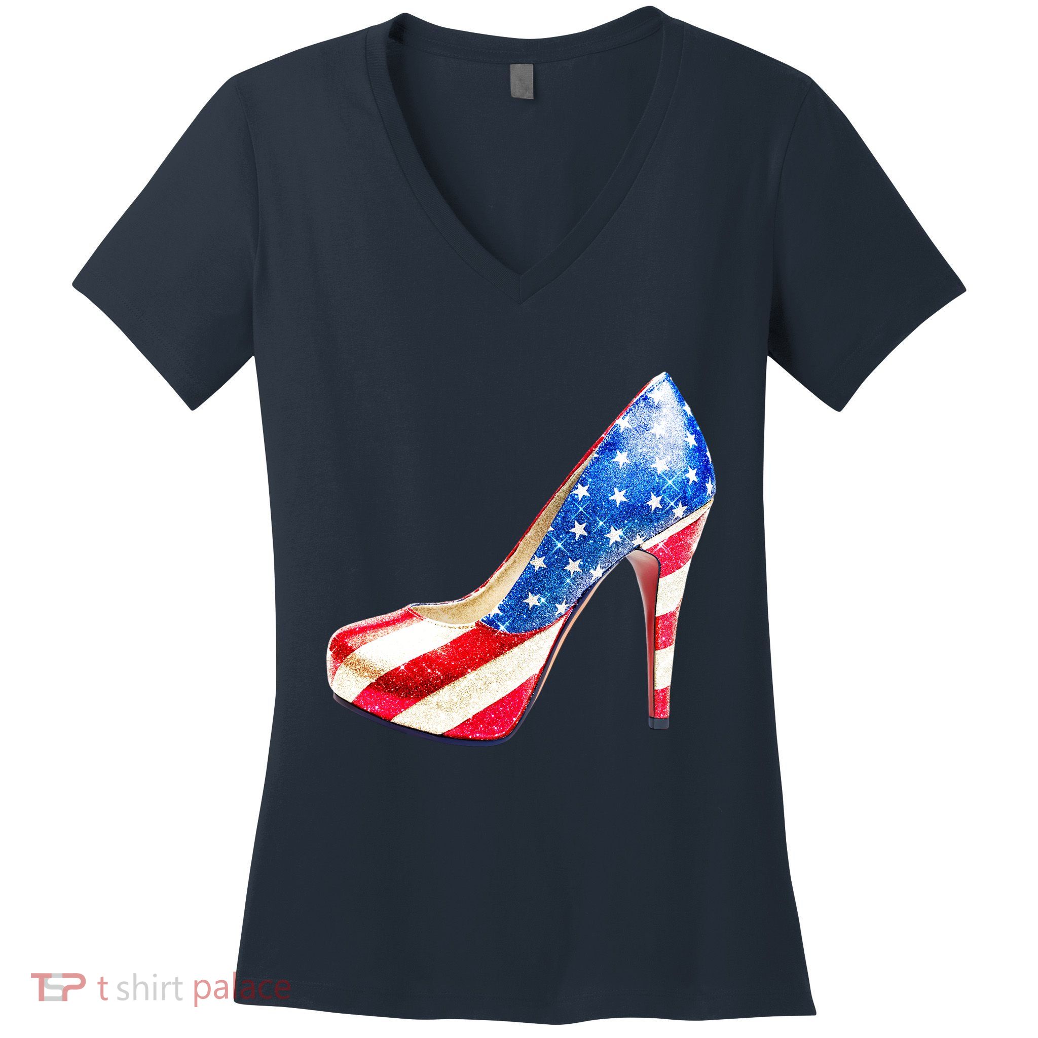 Cute Sparkly Patriotic American Usa Flag Heels Shoes Women's V-Neck T-Shirt