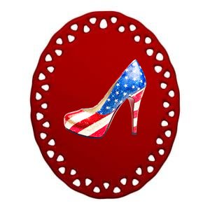 Cute Sparkly Patriotic American Usa Flag Heels Shoes Ceramic Oval Ornament