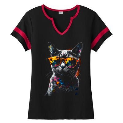 Cat Sunglasses Pet Animal Art Cat Ladies Halftime Notch Neck Tee