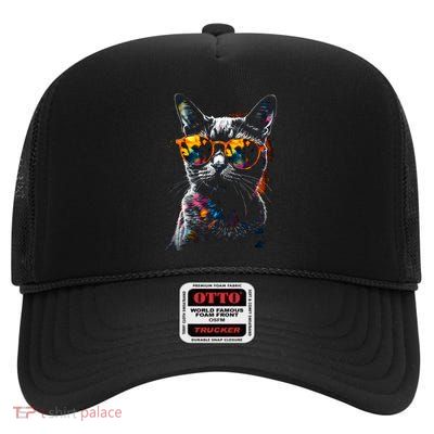 Cat Sunglasses Pet Animal Art Cat High Crown Mesh Back Trucker Hat