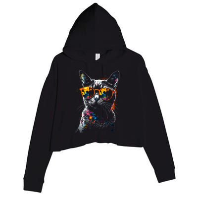 Cat Sunglasses Pet Animal Art Cat Crop Fleece Hoodie