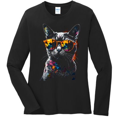 Cat Sunglasses Pet Animal Art Cat Ladies Long Sleeve Shirt