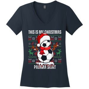 Christmas Soccer Player Sport Lover Santa Hat Xmas Pajamas Women's V-Neck T-Shirt