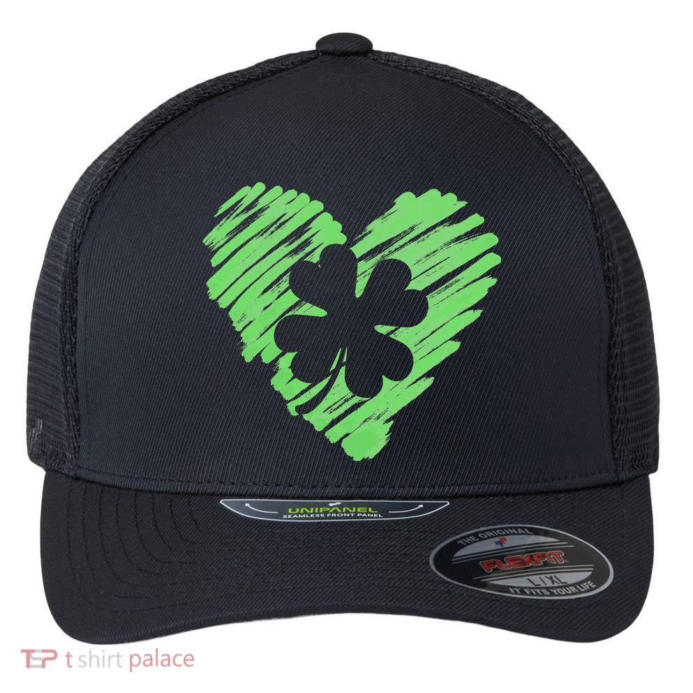 Cute St Patrick's Day Scribble Shamrock Heart Flexfit Unipanel Trucker Cap