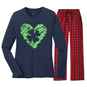 Cute St Patrick's Day Scribble Shamrock Heart Women's Long Sleeve Flannel Pajama Set 