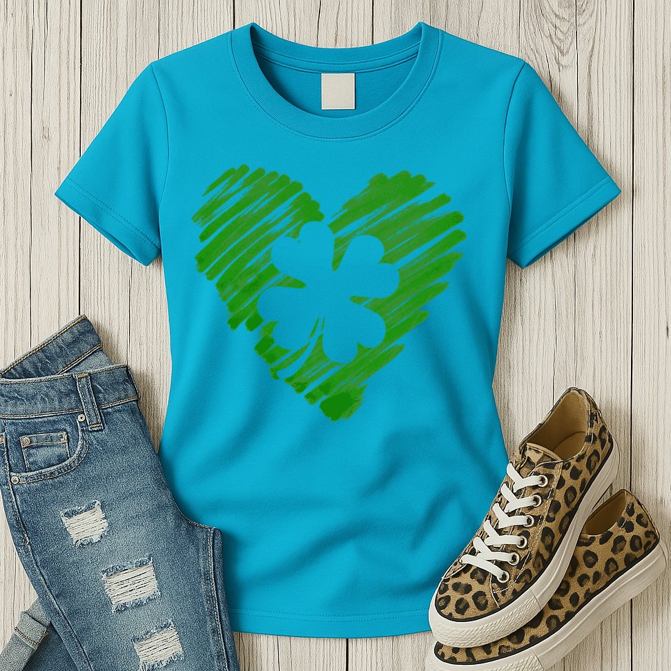 Cute St Patrick's Day Scribble Shamrock Heart Womens T-Shirt