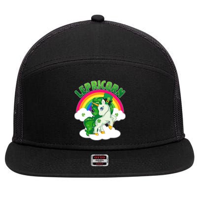Cute St Patricks Day Rainbow Lepricorn Unicorn Leprechaun 7 Panel Mesh Trucker Snapback Hat