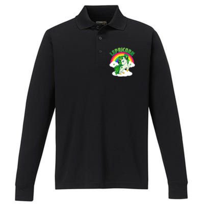 Cute St Patricks Day Rainbow Lepricorn Unicorn Leprechaun Performance Long Sleeve Polo