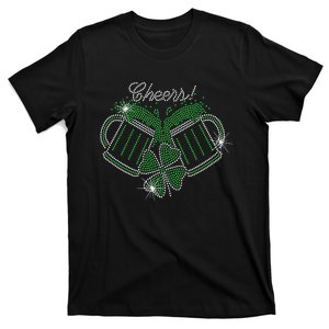 Cheers St Patricks Day Drink Beer Bling Rhinestone Shamrock T-Shirt