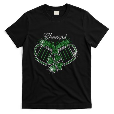 Cheers St Patricks Day Drink Beer Bling Rhinestone Shamrock T-Shirt