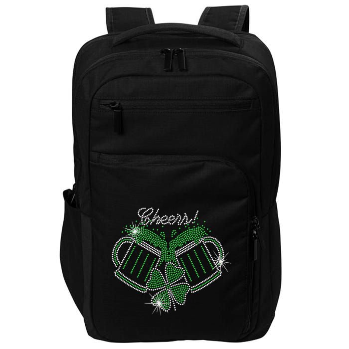 Cheers St Patricks Day Drink Beer Bling Rhinestone Shamrock Impact Tech Backpack