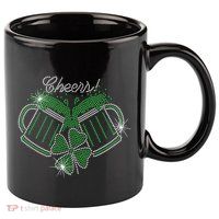 Cheers St Patricks Day Drink Beer Bling Rhinestone Shamrock 11oz C Handle Ceramic Mug