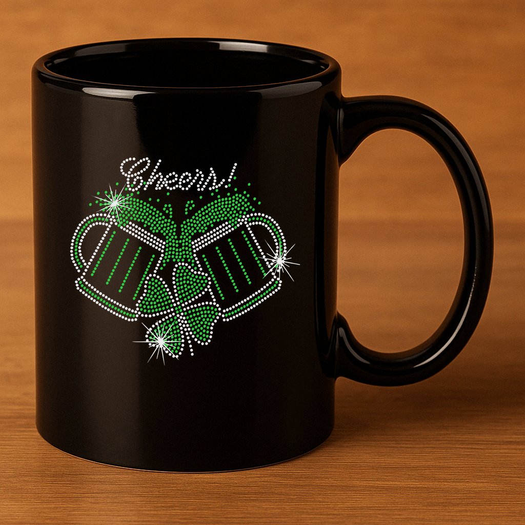 Cheers St Patricks Day Drink Beer Bling Rhinestone Shamrock 11oz C Handle Ceramic Mug