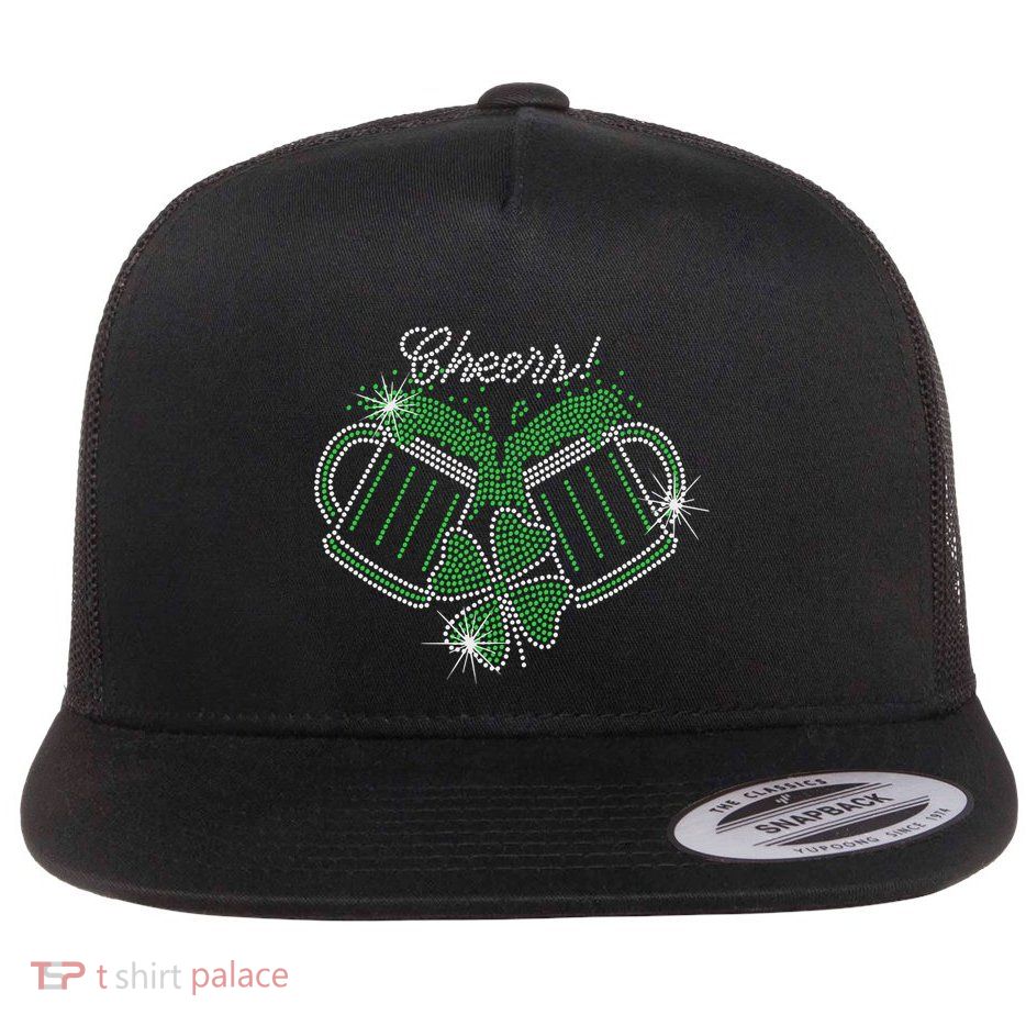 Cheers St Patricks Day Drink Beer Bling Rhinestone Shamrock Flatbill Hat