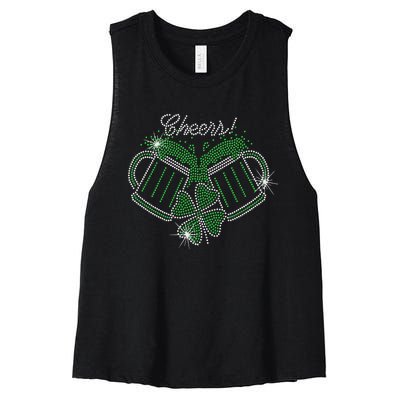 Cheers St Patricks Day Drink Beer Bling Rhinestone Shamrock Women's Racerback Cropped Tank