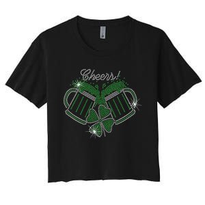 Cheers St Patricks Day Drink Beer Bling Rhinestone Shamrock Women's Crop Top Tee