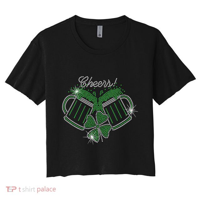 Cheers St Patricks Day Drink Beer Bling Rhinestone Shamrock Crop Top